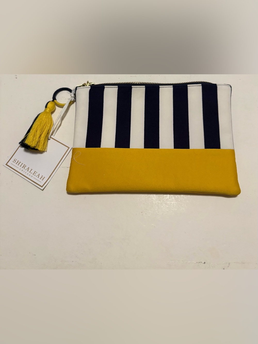 Shiraleah Navy and Yellow Striped Clutch Bag